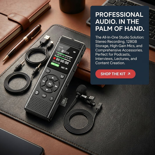 Athlacore Studio Recorder front view, handheld digital voice recorder with LCD screen and dual noise-reduction microphones