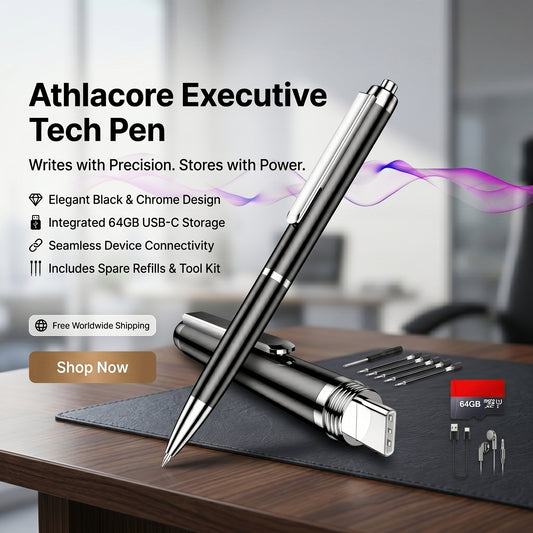 Athlacore Pen Recorder shown as a real working pen with built-in voice recorder, 64GB and 128GB models